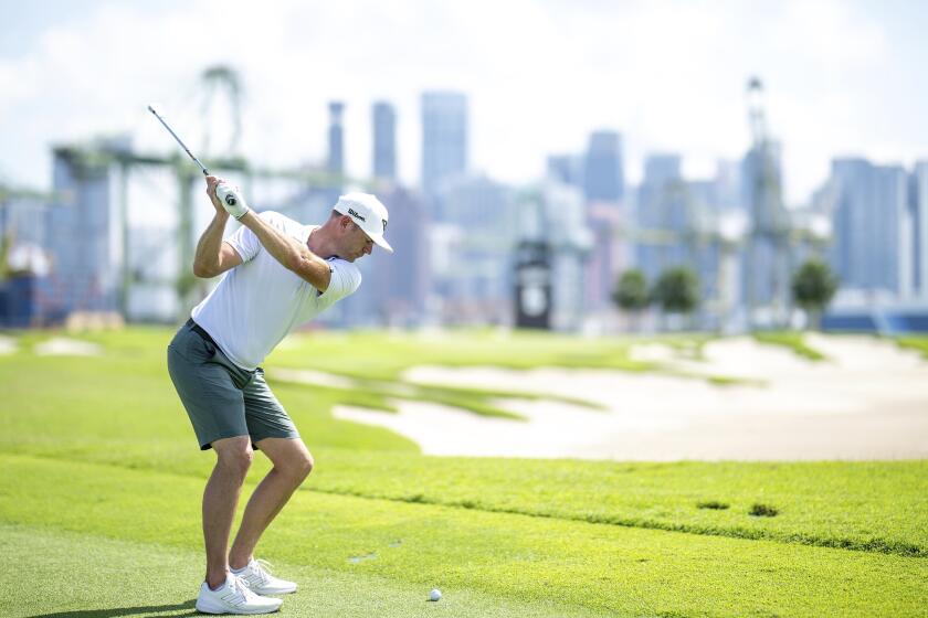 Brendan Steele, of HyFlyers GC, hits from the fifth fairway during the pro-am before LIV Golf Singapore at Sentosa Golf Club, Thursday, May 2, 2024, in Sentosa, Singapore. (Charles Laberge/LIV Golf via AP)