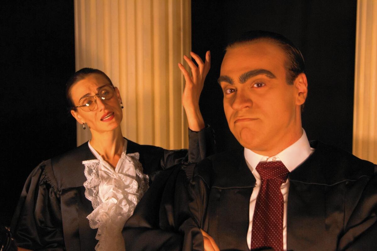 Ellen Wieser plays Justice Ruth Bader Ginsburg and John Overholt is Justice Antonin Scalia in the Castleton Festival production of the opera "Scalia/Ginsburg."