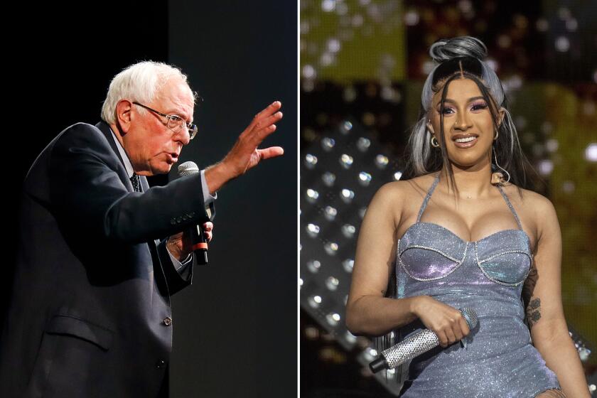 Left, Sen. Bernie Sanders takes part in a town-hall discussion about health care at the Aratani Theatre in Los Angeles on Thursday, July 25, 2019. Right, Cardi B performs during the Openair Frauenfeld music festival, in Frauenfeld, Switzerland, 11 July 2019. (Christina House / Los Angeles Times; Ennio Leanza / EPA / Rex / Shutterstock)