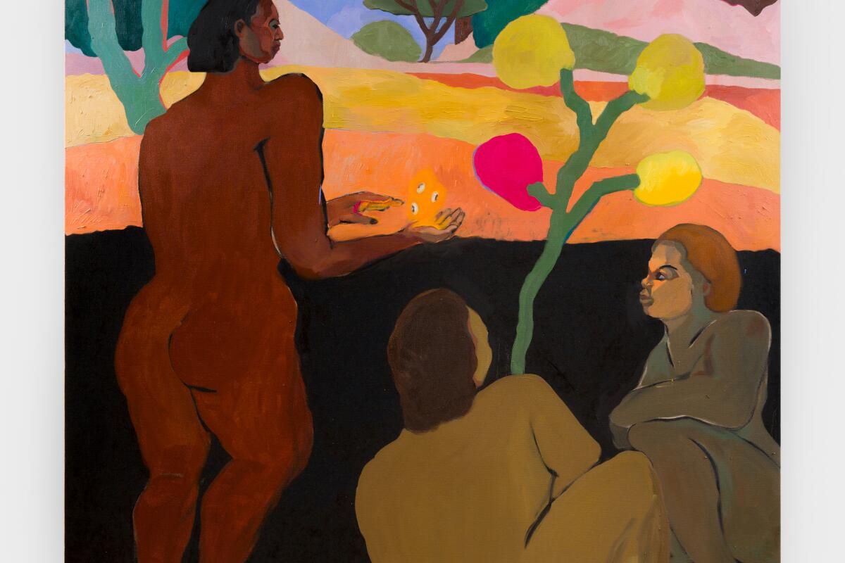 A painting of three nude women looking toward an abstract landscape in yellow, orange and pink. 