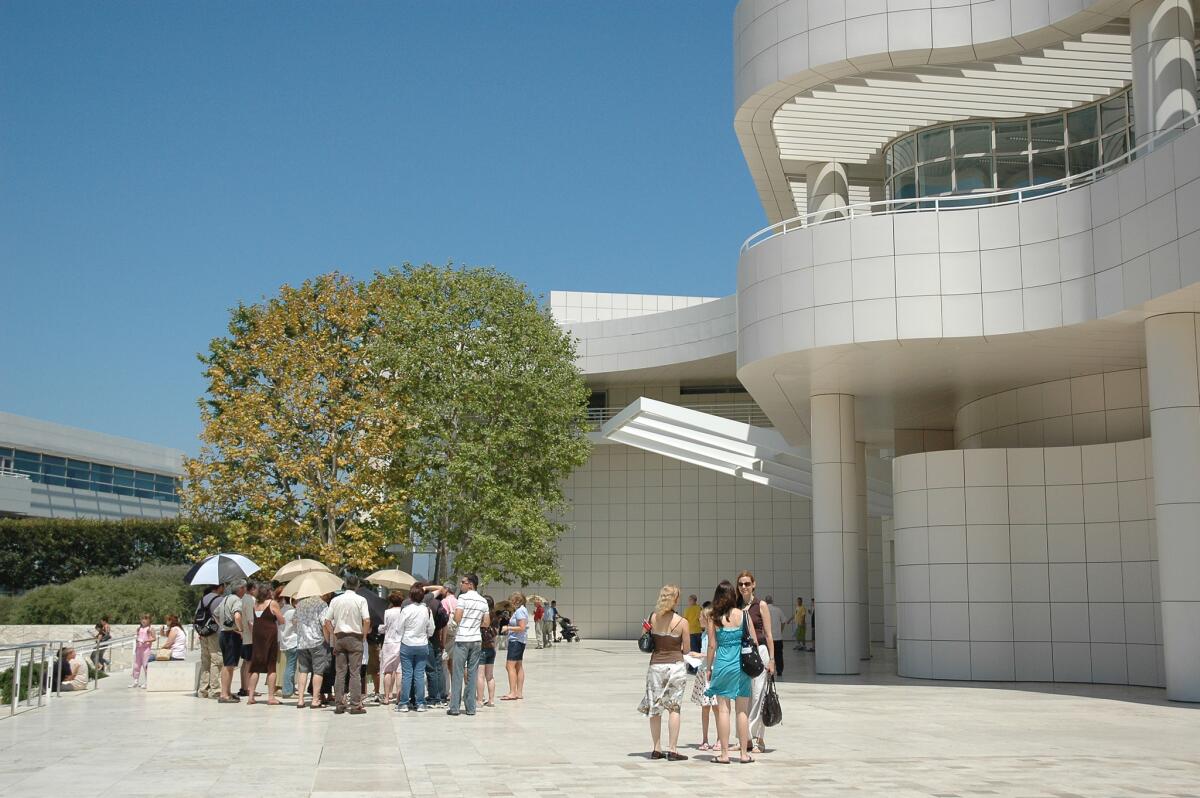 Visitors arrive at the Getty Center. The Getty Trust saw its endowment hit a near-record level.