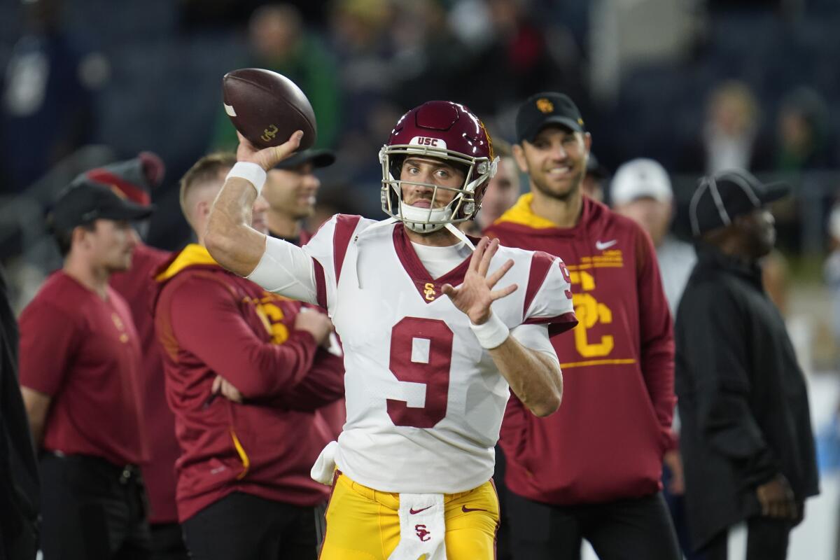 USC quarterback Kedon Slovis warms up before a loss to Notre Dame on Oct. 23.