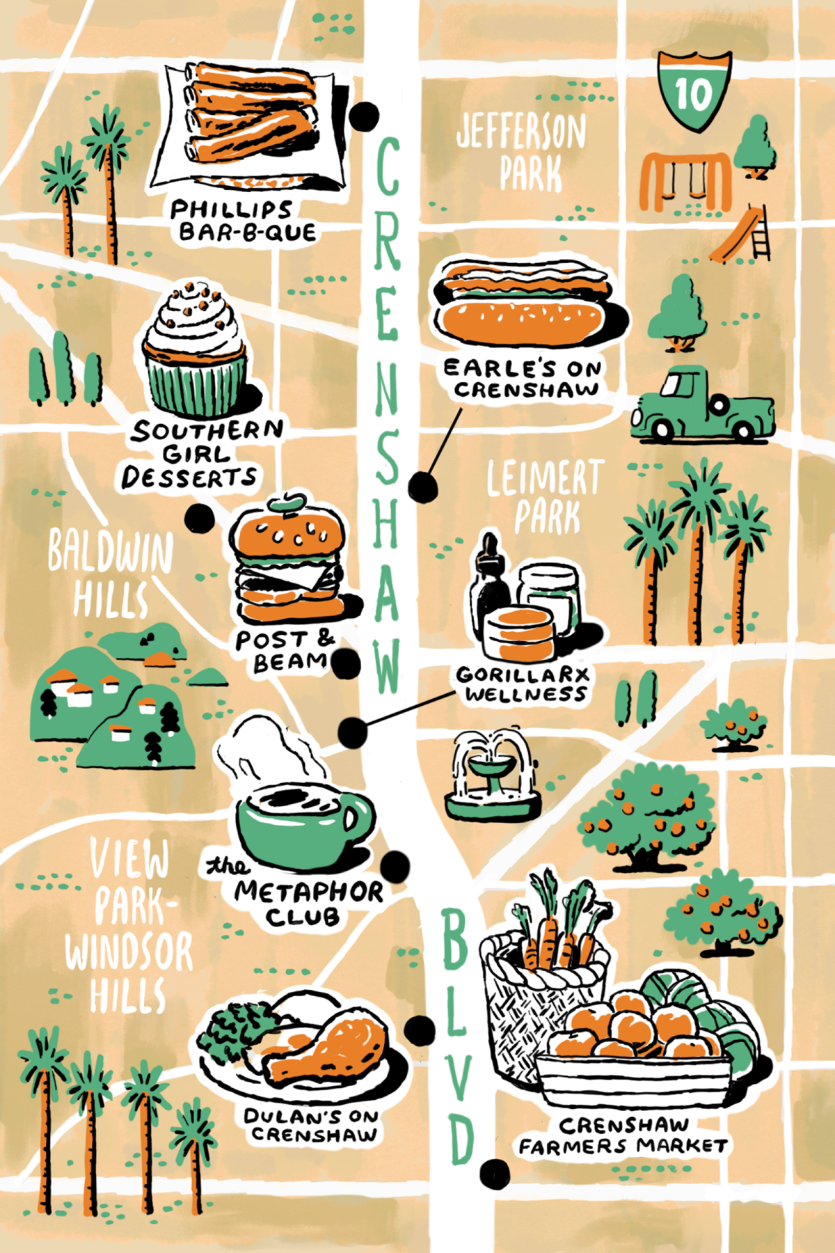 Illustrated map of colorful locations