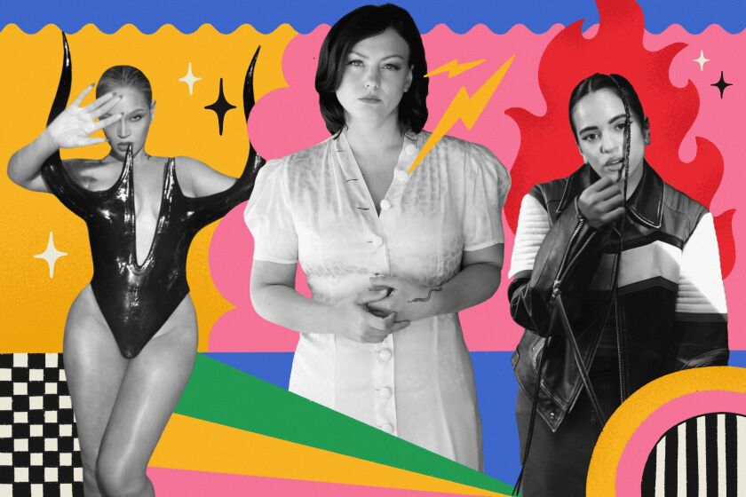 Illustration featuring , left to right, Beyonce, Angel Olsen and Rosalia