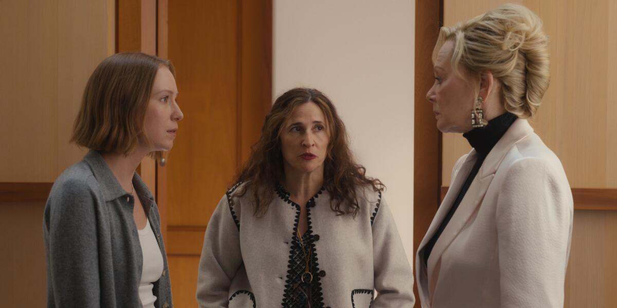 Hannah Einbinder, left, Michaela Watkins and Jean Smart in Season 4 of "Hacks."
