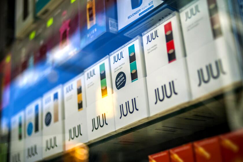A selection of the popular Juul brand vaping supplies on display in the window of a vaping store in New York on Saturday, March 24, 2018. (Richard B. Levine/Sipa USA/TNS) ** OUTS - ELSENT, FPG, TCN - OUTS **