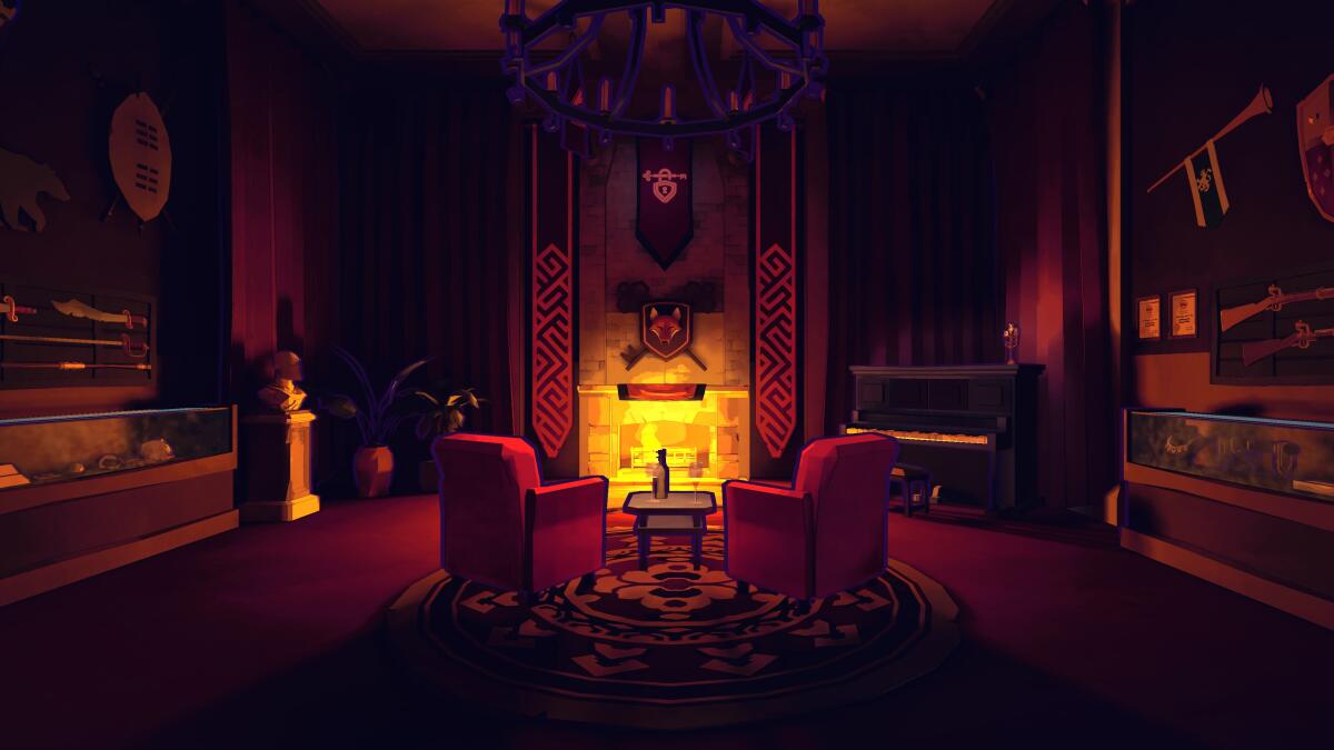 A video game still showing a room lit by a fireplace.