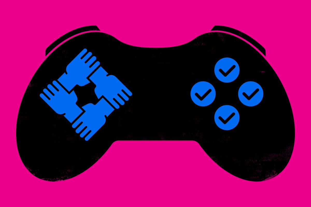 Illustration of a video game controller with the labor union symbol of interlocked hands and checkmarks as buttons.