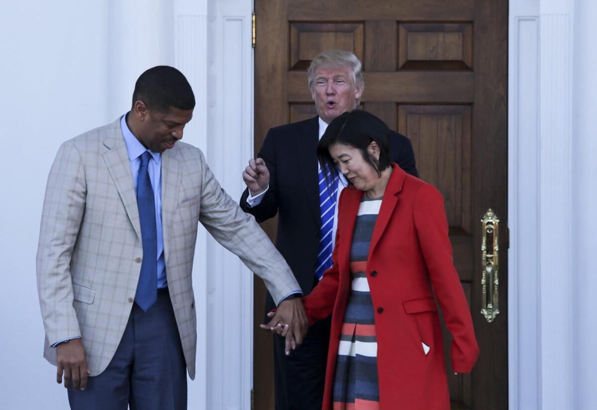 Former District of Columbia Public Schools Chancellor Michelle Rhee and her husband, Sacramento Mayor Kevin Johnson, depart a meeting with President-elect Donald Trump.