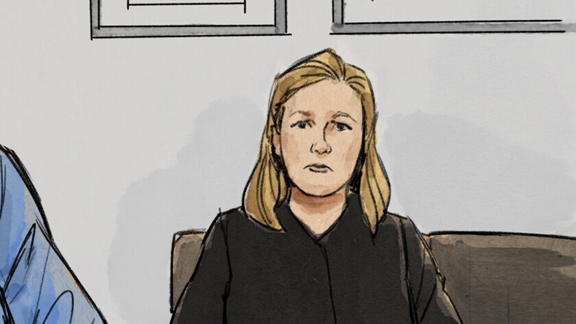In this courtroom sketch, former Brooklyn Center police Officer Kim Potter is shown during a preliminary hearing, Monday, May 17, 2021, in Brooklyn Center, Minn. A December trial date has been set for Potter, who has been charged with second-degree manslaughter in Daunte Wright's shooting death. (Cedric Hohnstadt via AP)