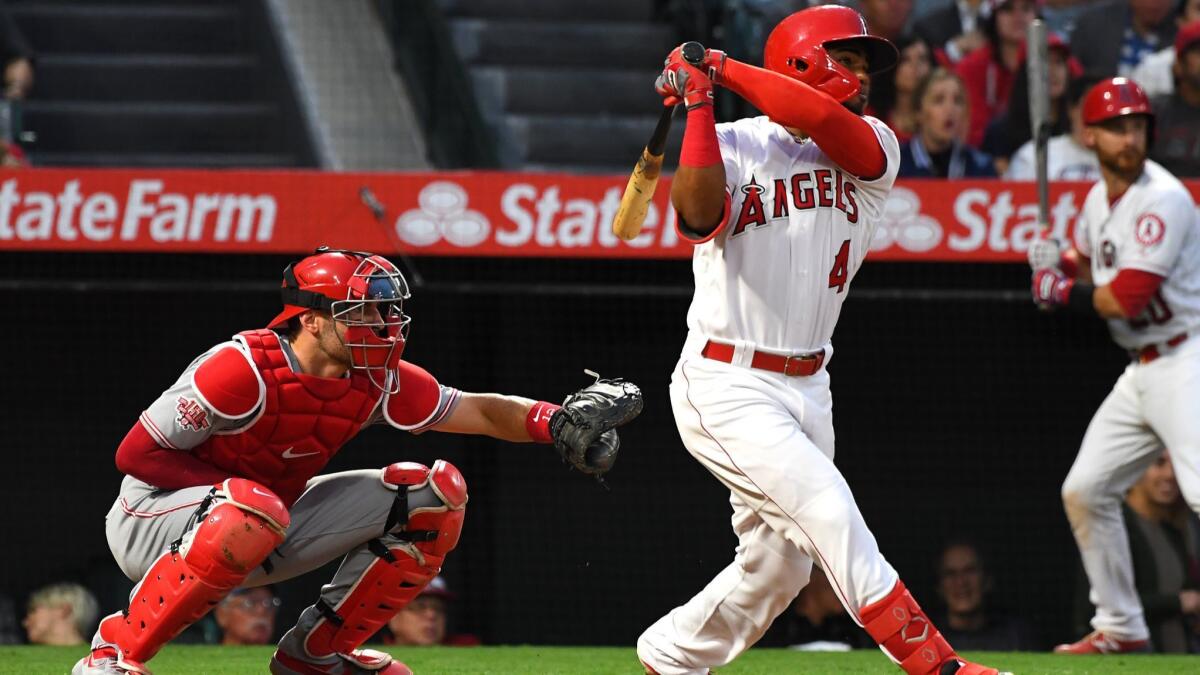Angels' Luis Rengifo hits a three-run home run in the second inning at Angel Stadium on Tuesday.