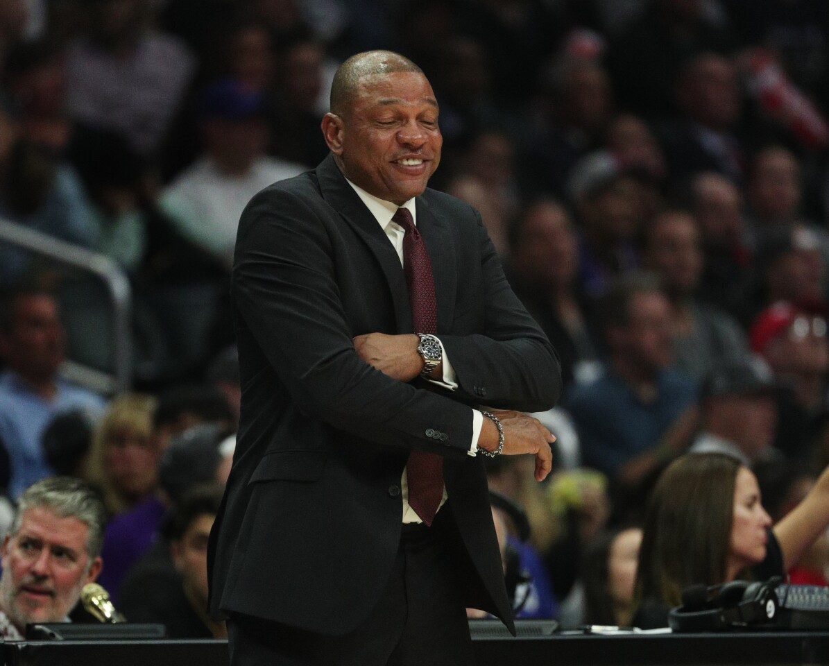 LOS ANGELES, CA - NOVEMBER 16, 2019: LA Clippers head coach Doc Rivers has a chuckle during his team's 150-101 rout of the Atlanta Hawks at Staples Center on November 16, 2019 in Los Angeles, California. (Gina Ferazzi/Los AngelesTimes)
