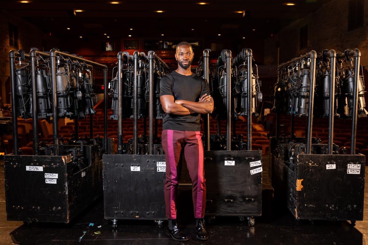 Tarell Alvin McCraney photographed on the stage of the Geffen Playhouse.