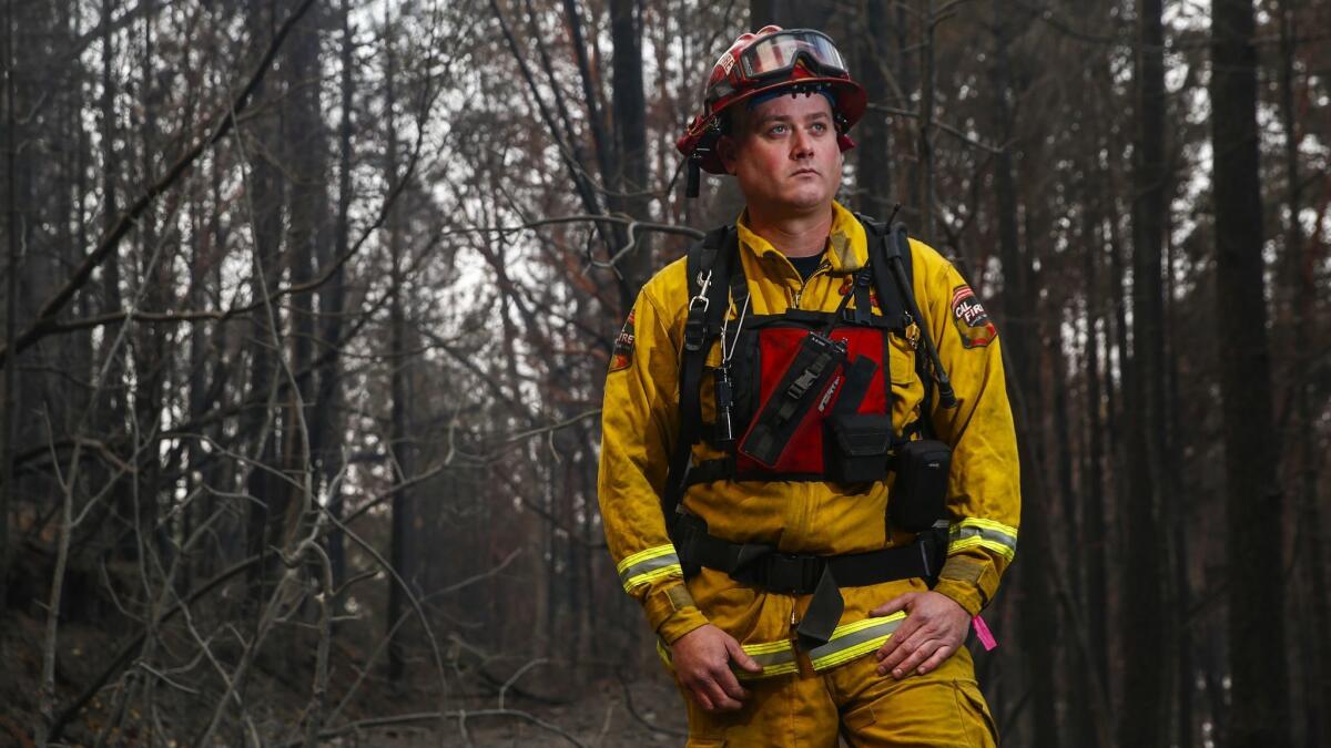Capt. Matt McKenzie of Cal Fire Engine 2161 in a burned wooded area near Station 36 along Highway 70 in Jarbo Gap, Calif.