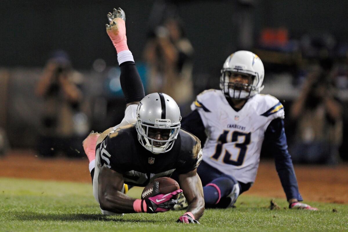 Oakland cornerback D.J. Hayden intercepts a pass in the endzone intended for San Diego receiver Keenan Allen on Sunday night.