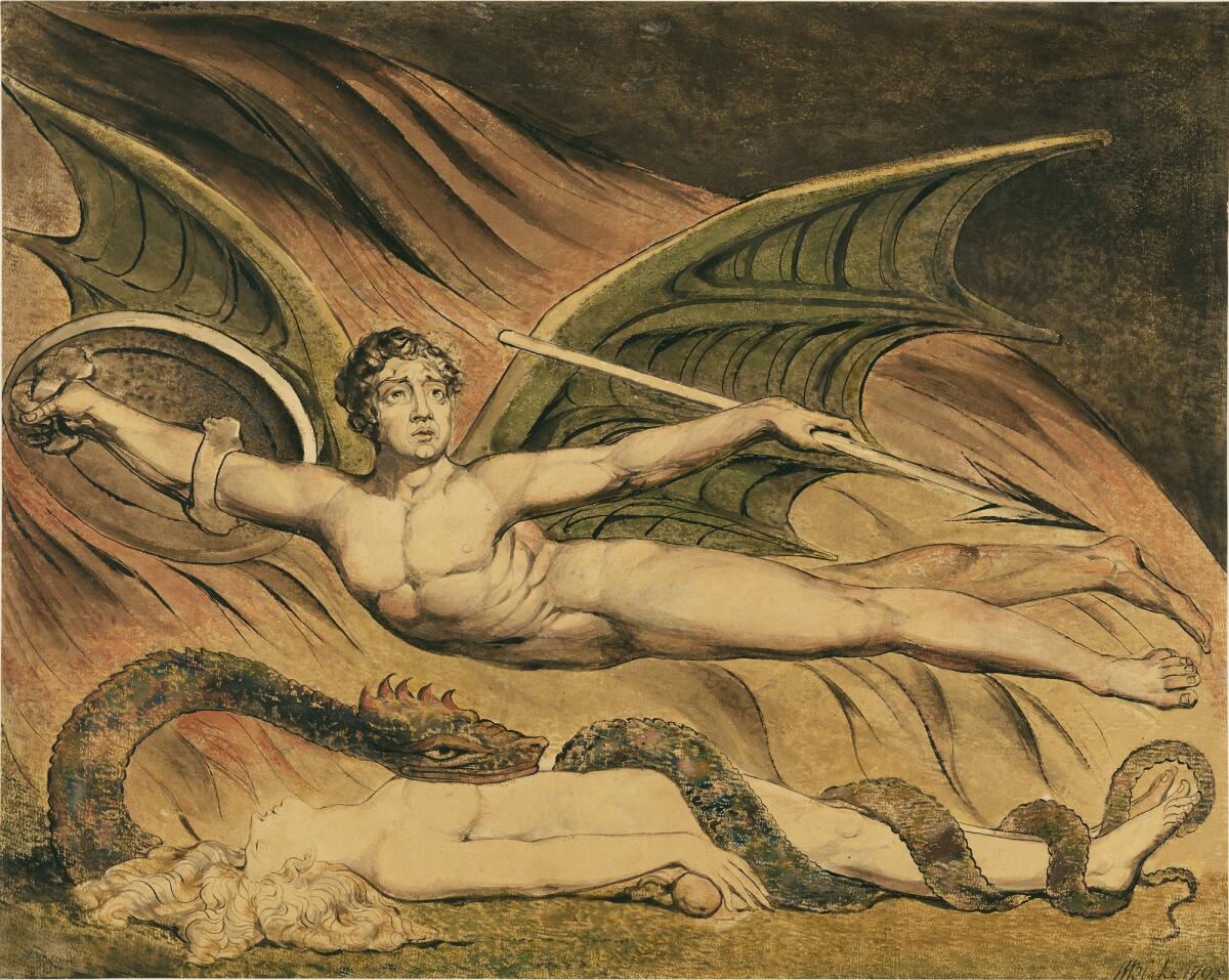 A painting of a nude angel with bat-like wings stretched out horizontally, atop a woman wrapped by a serpent.