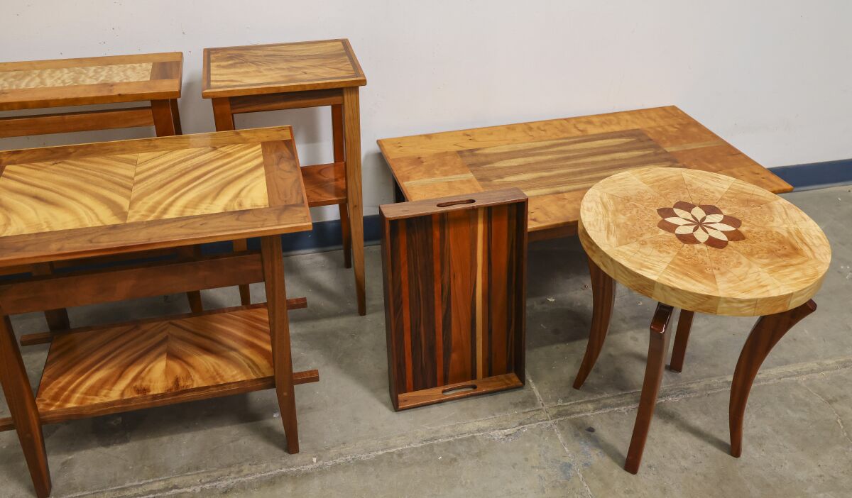 Furniture pieces made by members at the San Diego Fine Woodworkers Association workshop.