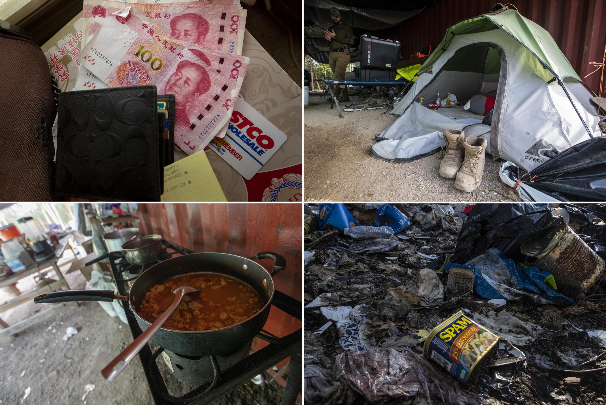 Chinese banknotes, a tent occupied by a grower, a discarded can of Spam, and a pot of chili left on a stove