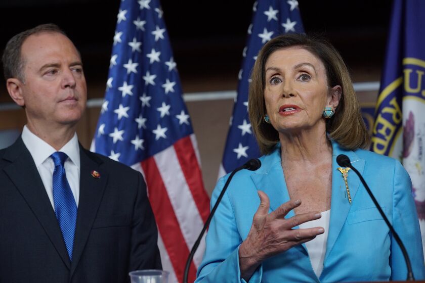 WASHINGTON, D.C.,OCTOBER 2, 2019ÑHOUSE OF REP. SPEAKER NANCY PELOSI AND REP. ADAM SCHIFF, HELD A PRESS CONFERENCE TO TALK ABOUT IMPEACHMENT AND LOWERING THE COST OF DRUGS IN THE US. (kirk D. McKoy / Los Angeles Times)