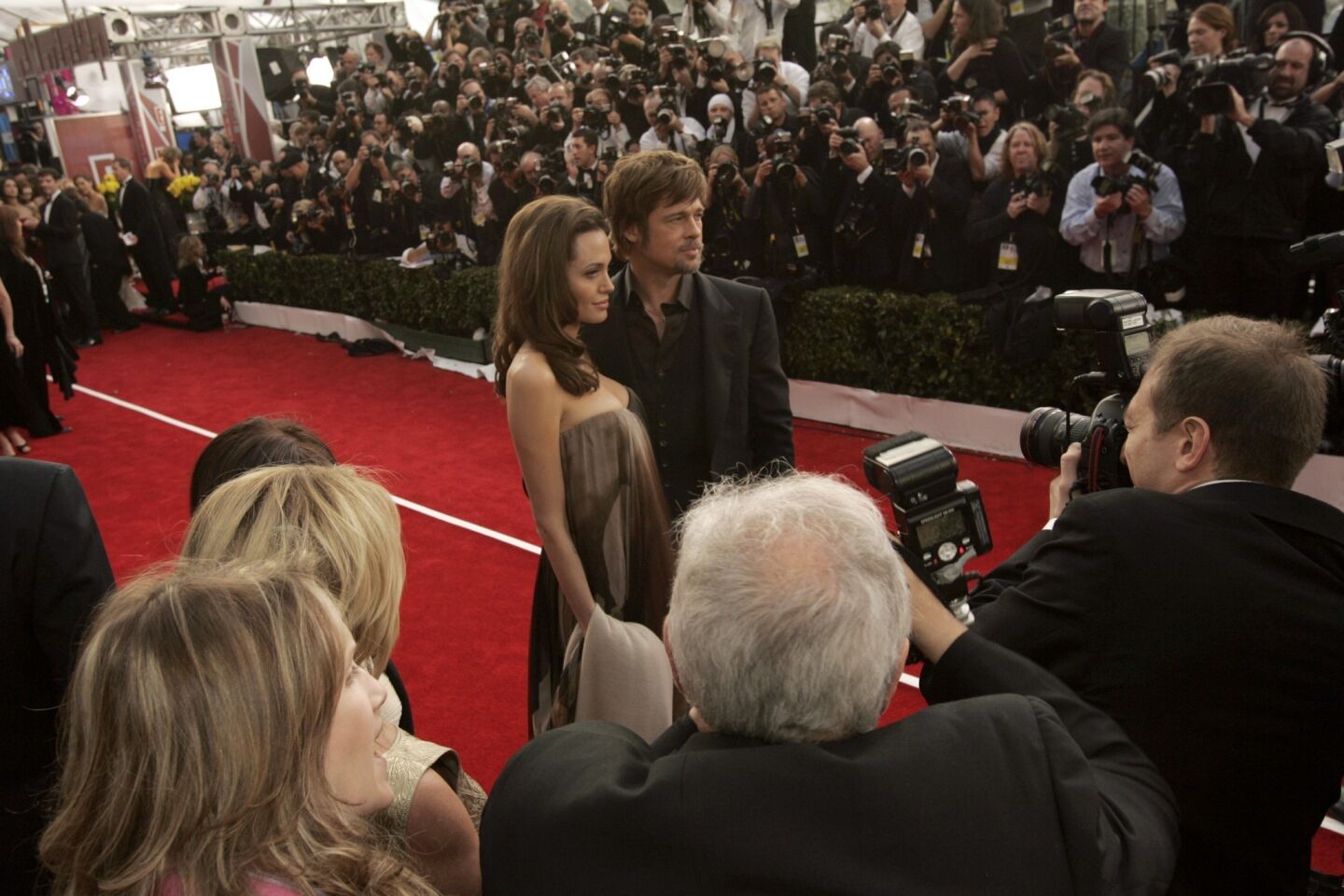 Angelina Jolie and Brad Pitt arrive for the 14th Annual Screen Actors Guild Awards at the Shrine Auditorium on Jan. 27, 2008.