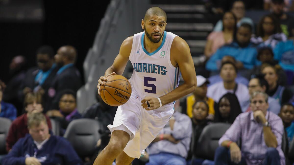 Charlotte's Nicolas Batum controls the ball during a game against the Chicago Bulls.