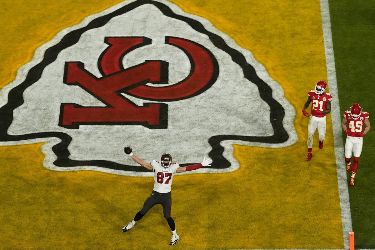 Tampa Bay's Rob Gronkowski reacts after scoring the first touchdown of Super Bowl LV.