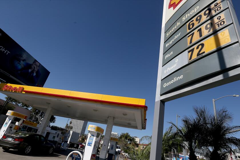 LOS ANGELES, CALIF. - MAR. 7, 2022 The price for super unleaded gasoline reached $7.29 a gallon at this Mid-City Shell station on Monday, Mar. 7, 2022. (Luis Sinco/ Los Angeles Times)