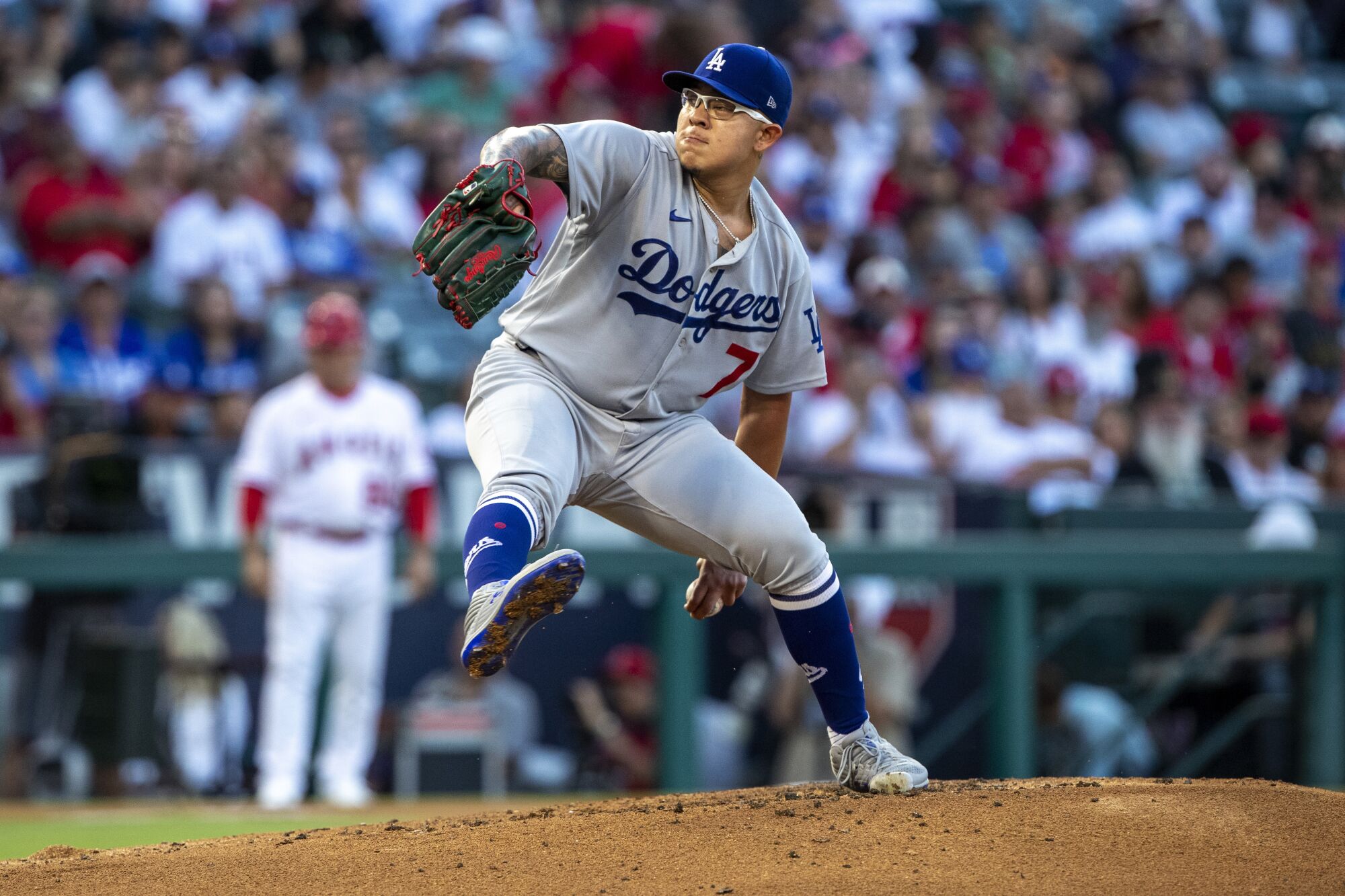 Dodgers pitcher Julio Urías delivers a pitch against the Angels.