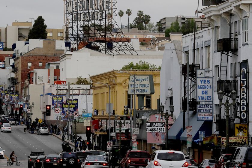 LOS ANGELES, CALIF. - APR. 18, 2020. Alvarado Street in the Westlake District of Los Angeles, which has the second highest population density in the city, with about 38,214 people per square mile. (Luis Sinco/Los Angeles Times)