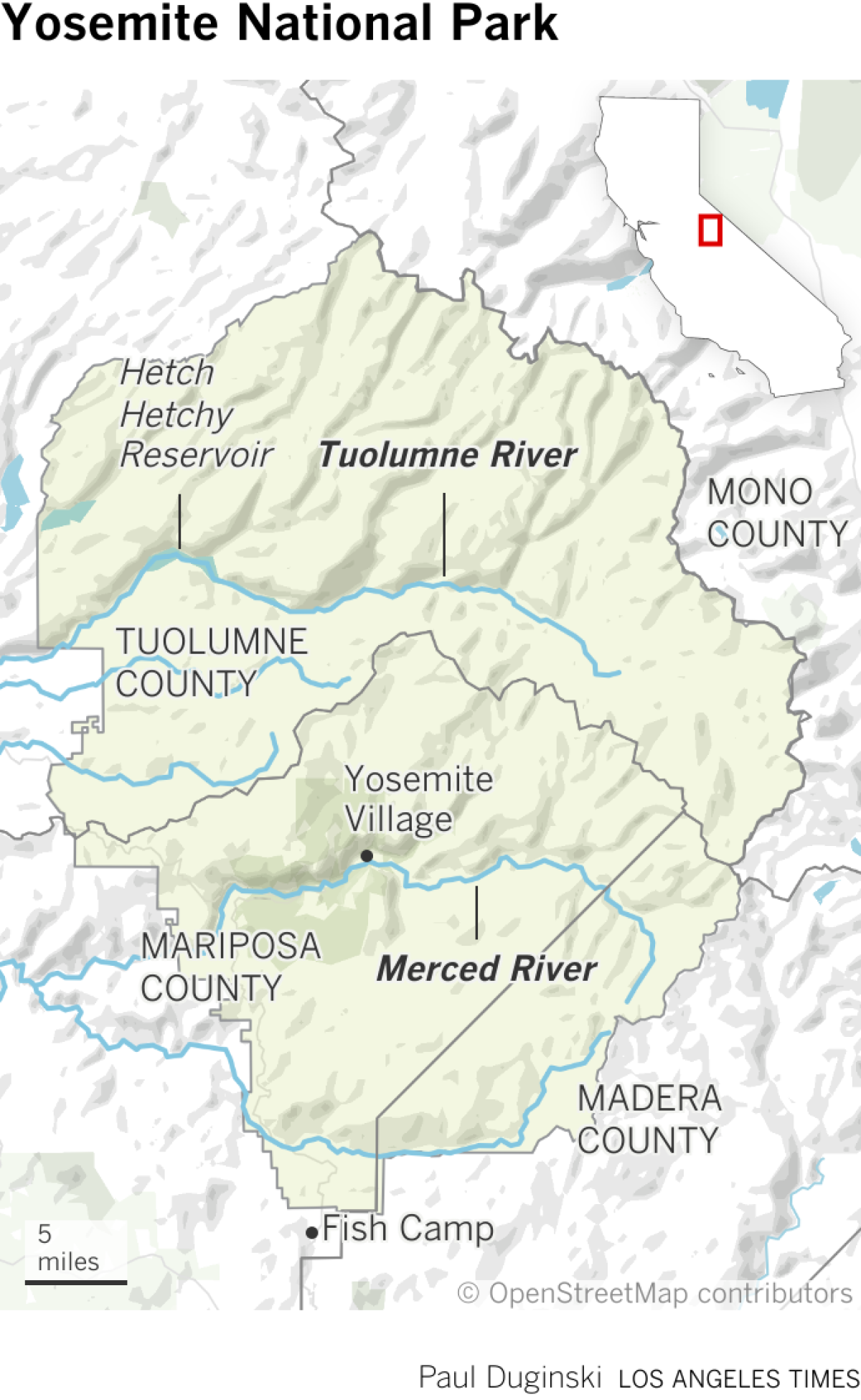 The boundary of Yosemite National Park with the Tuolumne and Merced rivers.