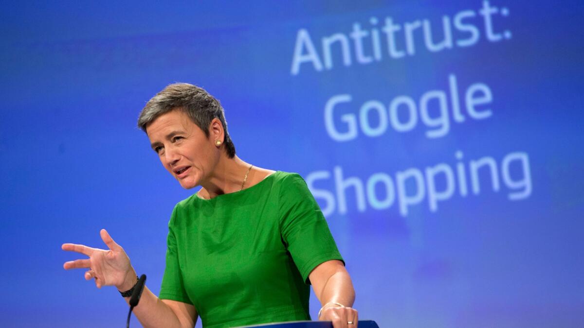 In this June 27, 2017, file photo, European Union Commissioner for Competition Margrethe Vestager speaks during a media conference at EU headquarters in Brussels.