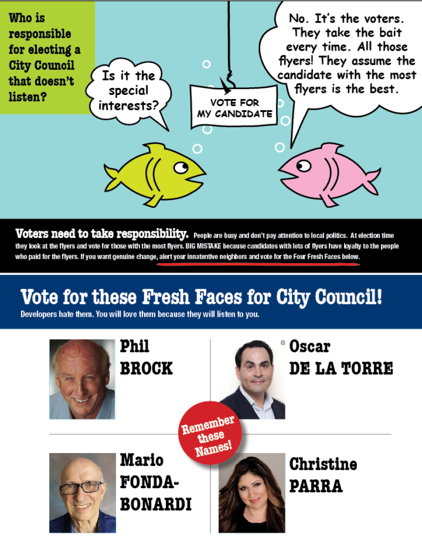 A political flyer of two fish asking whether voters will take the bait to vote for incumbents.