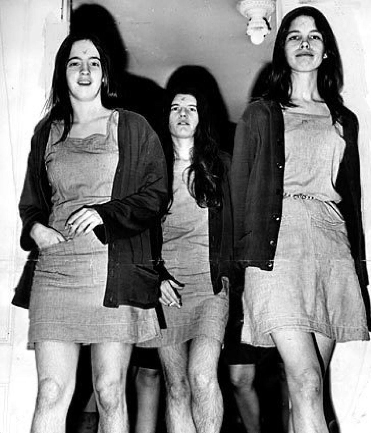 Manson followers Susan Atkins, left, Patricia Krenwinkel and Leslie Van Houten head into court in 1970.