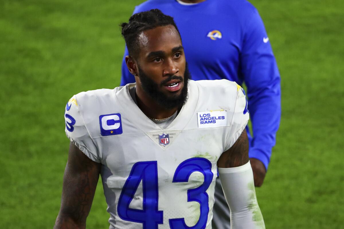 Rams safety John Johnson walks off the field after a win over the Buccaneers.