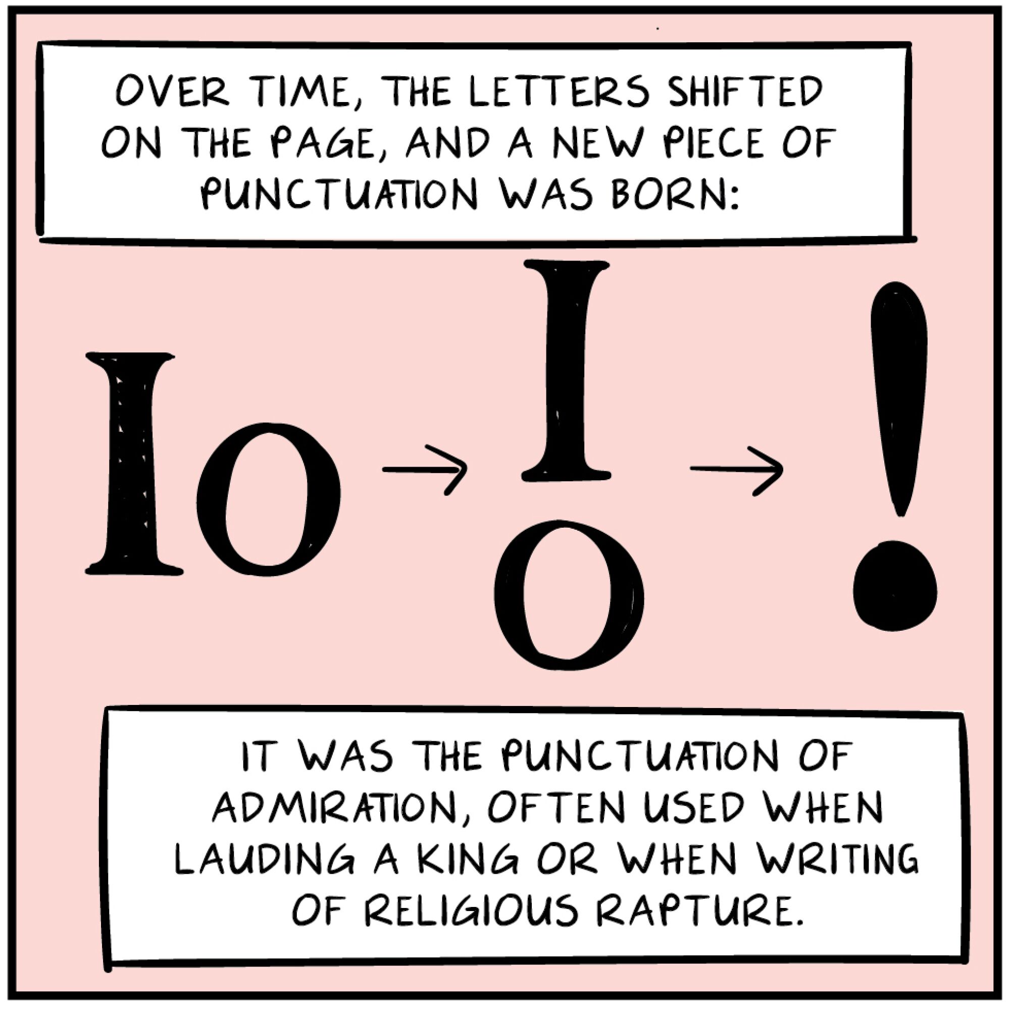 Comic panel showing how the Latin word "io," meaning "joy," morphed into an exclamation point