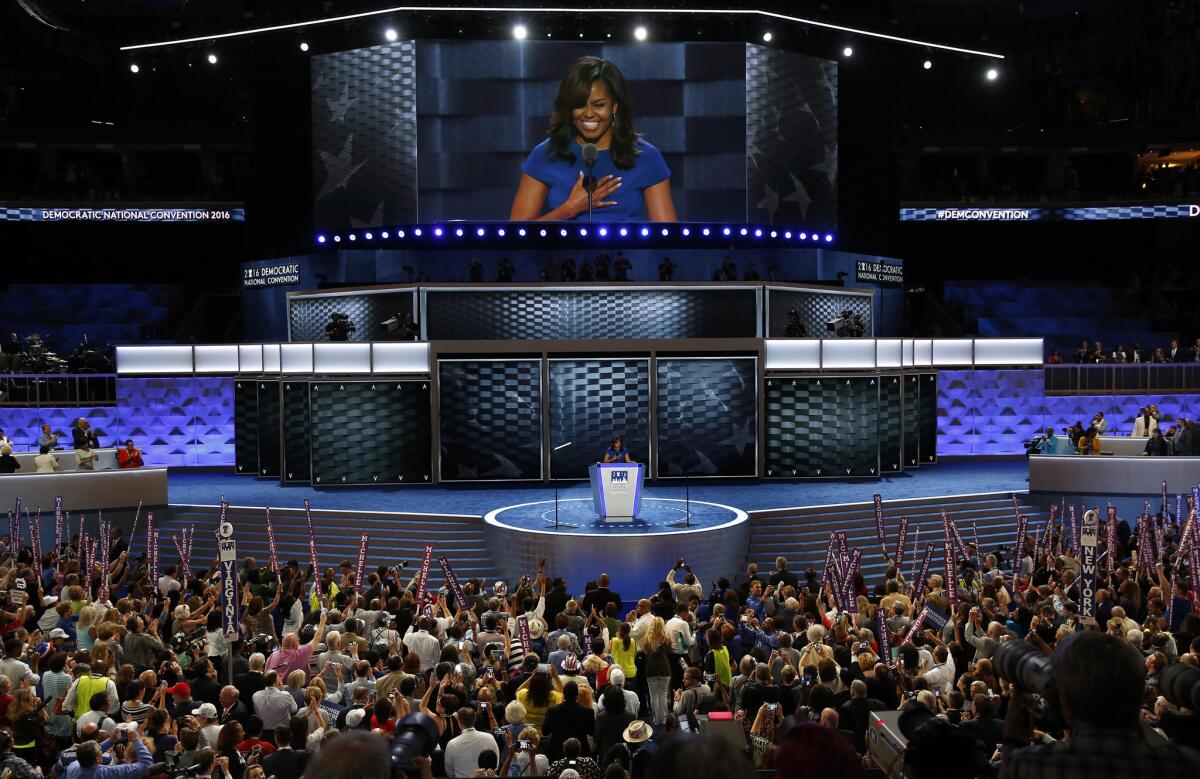 Michelle Obama, onstage at the Democratic National Convention in Philadelphia, before the basket-weave design that has become a theme of the political gathering.