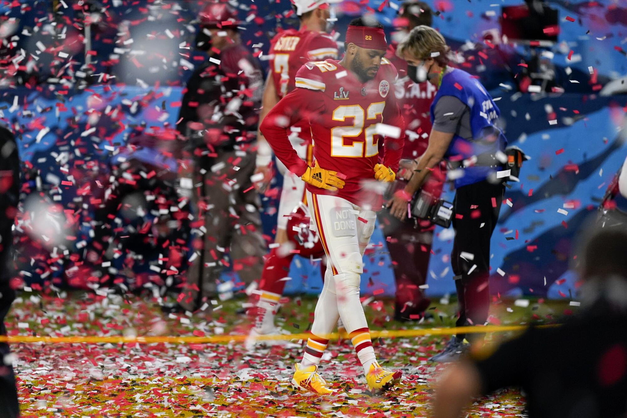 Kansas City safety Juan Thornhill leaves the field after the Chiefs' loss in Super Bowl LV.
