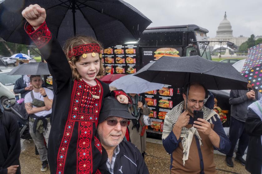 Una nia de 7 aos de Springfield, Virginia, que viste un atuendo tradicional, levanta el puo en brazos de su abuelo, de origen palestino, en una manifestación propalestina, el sábado 18 de mayo de 2024, en el National Mall, cerca del Capitolio, en Washington. (AP Foto/Jacquelyn Martin)