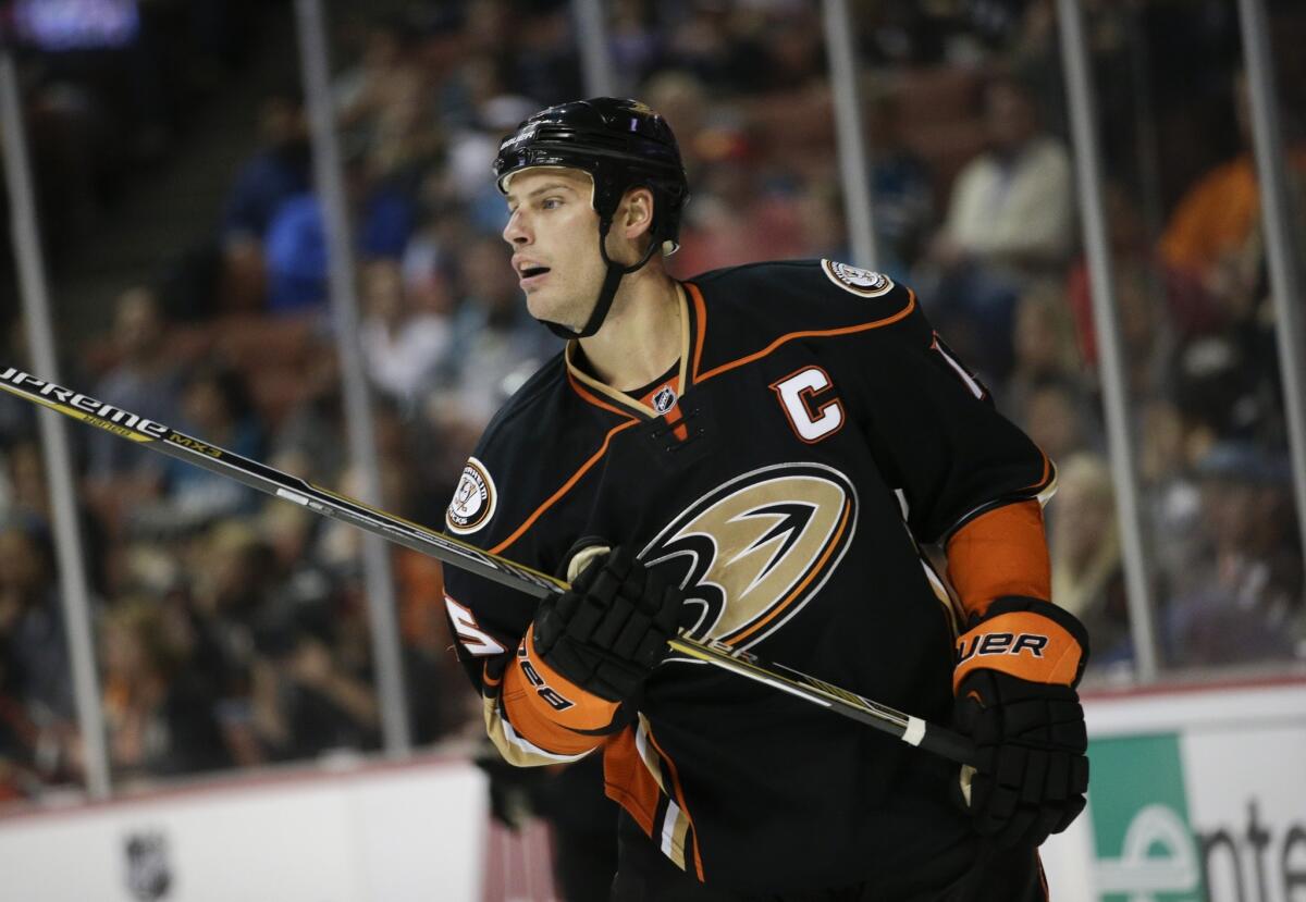 Ducks forward Ryan Getzlaf looks on during the second period of a game against San Jose on Oct. 26.