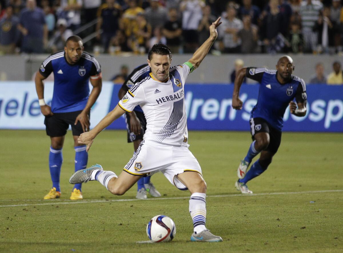 Galaxy forward Robbie Keane scores on a penalty kick against the San Jose Earthquakes during the second half of a match on July 17. The Galaxy take on Barcelona on Tuesday, July 21.