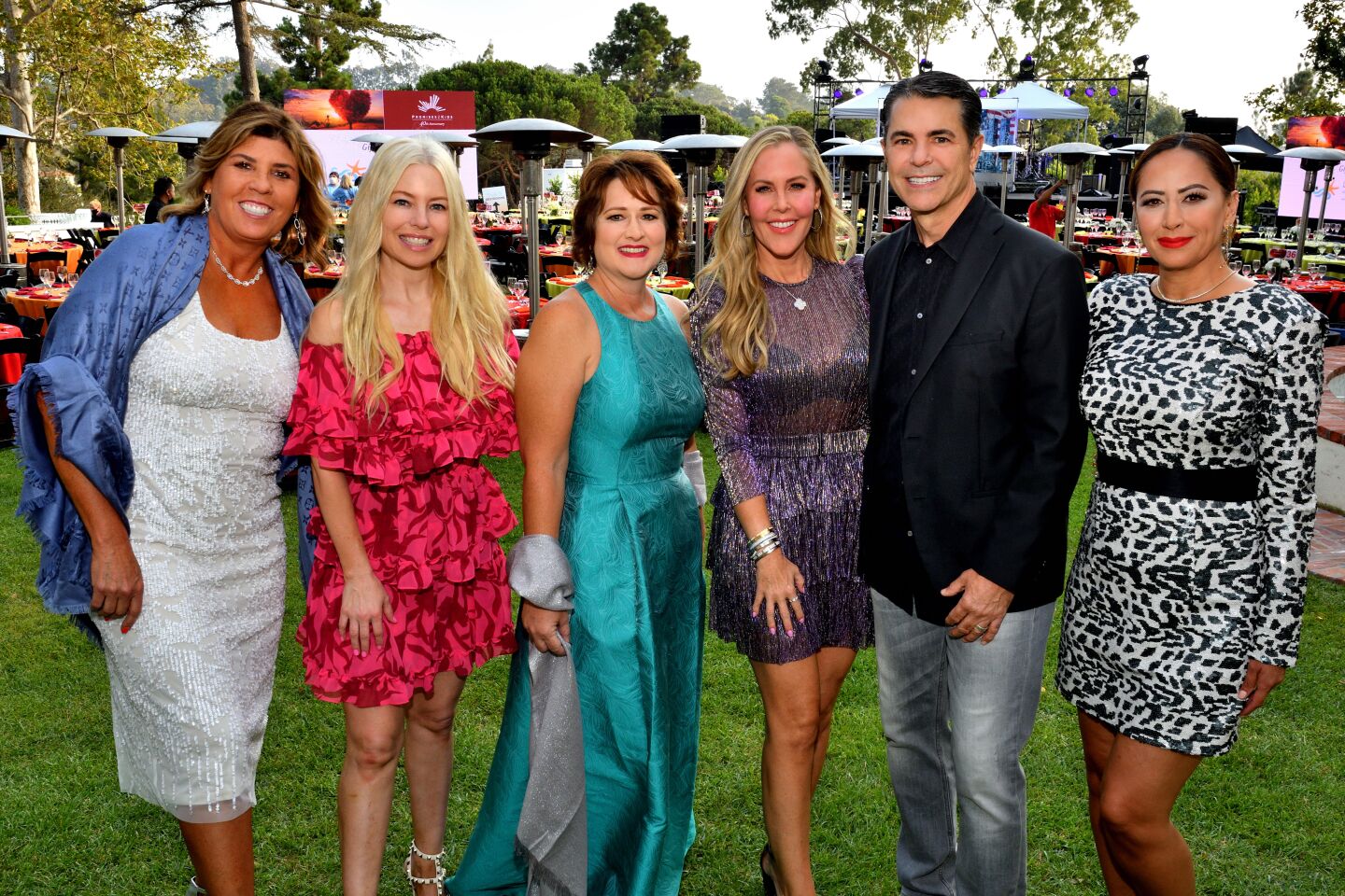Event chairwomen Lisa Corbosiero and Jolene Perry, Promises2Kids Chief Executive Tonya Torosian, presenting sponsors Raegan and Kevin Prior and event chairwoman Vivianne Villanueva Dhupa attend Promises2Kids' Dream On Concert Gala on Sept. 13 at the Foxhill estate in La Jolla.