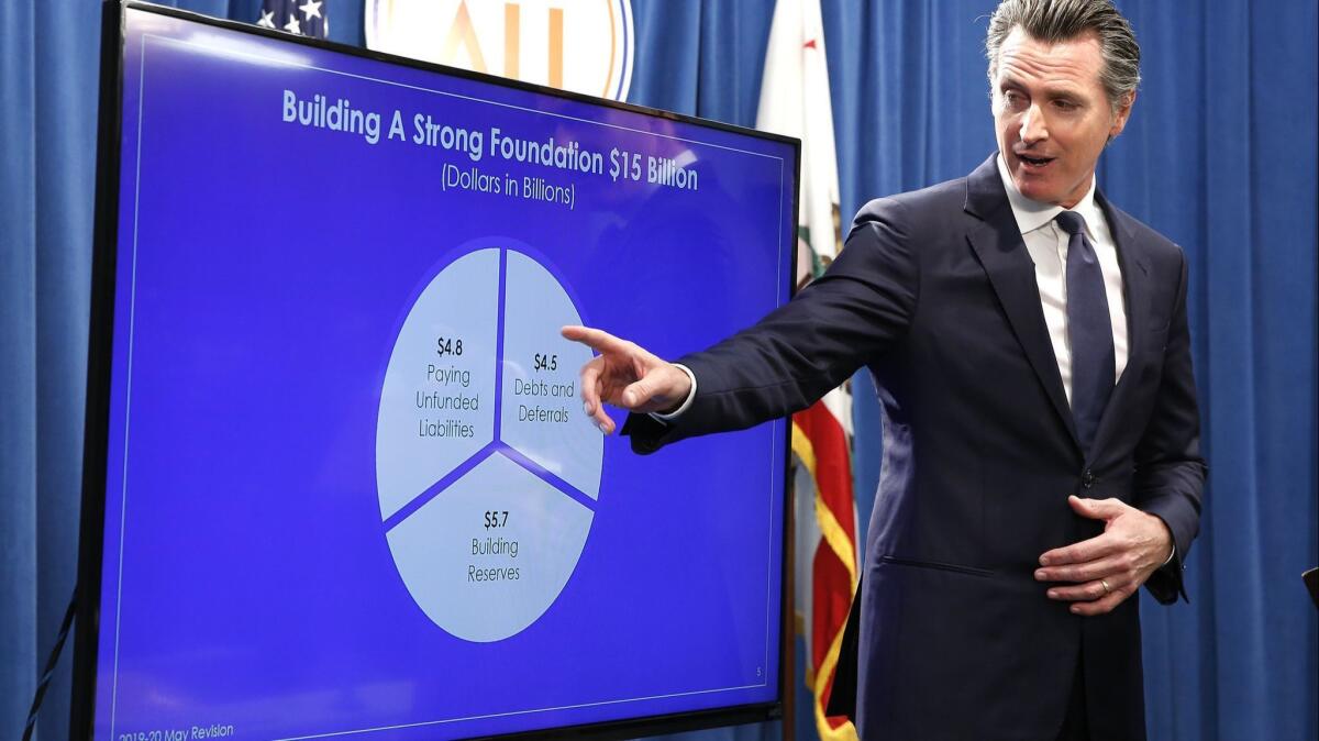 Gov. Gavin Newsom discusses his revised 2019-2020 state budget during a news conference on May 9 in Sacramento, Calif.