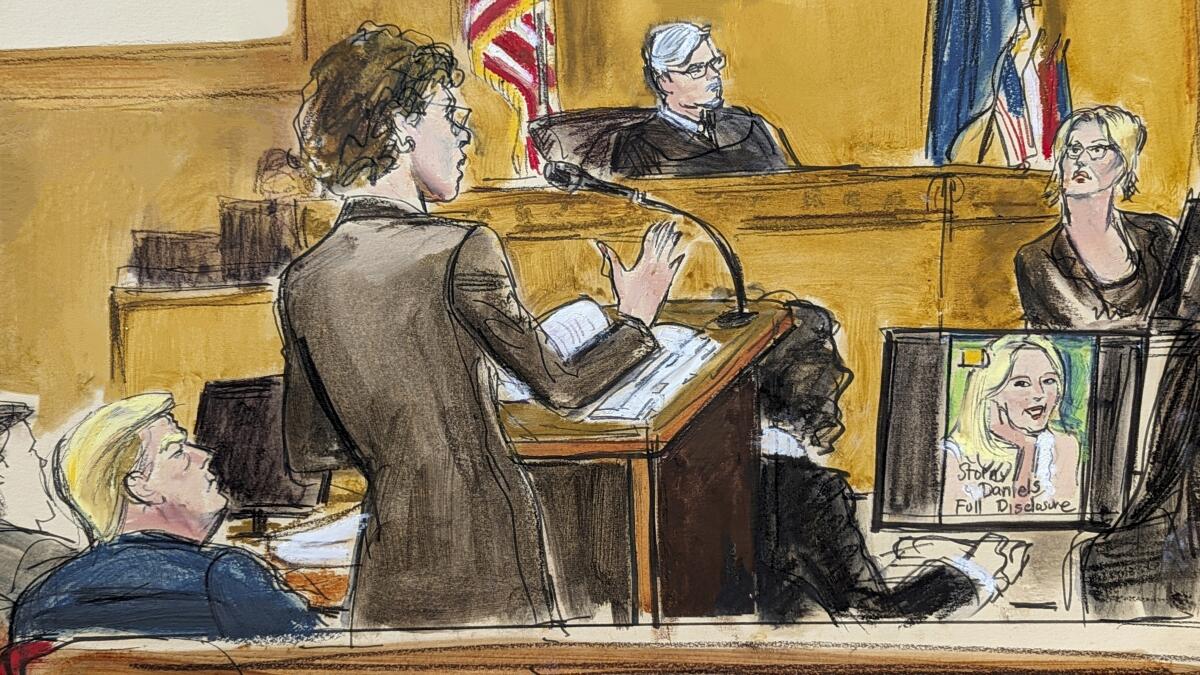 A sketch shows Susan Necheles cross-examining Stormy Daniels as former President Trump looks on.