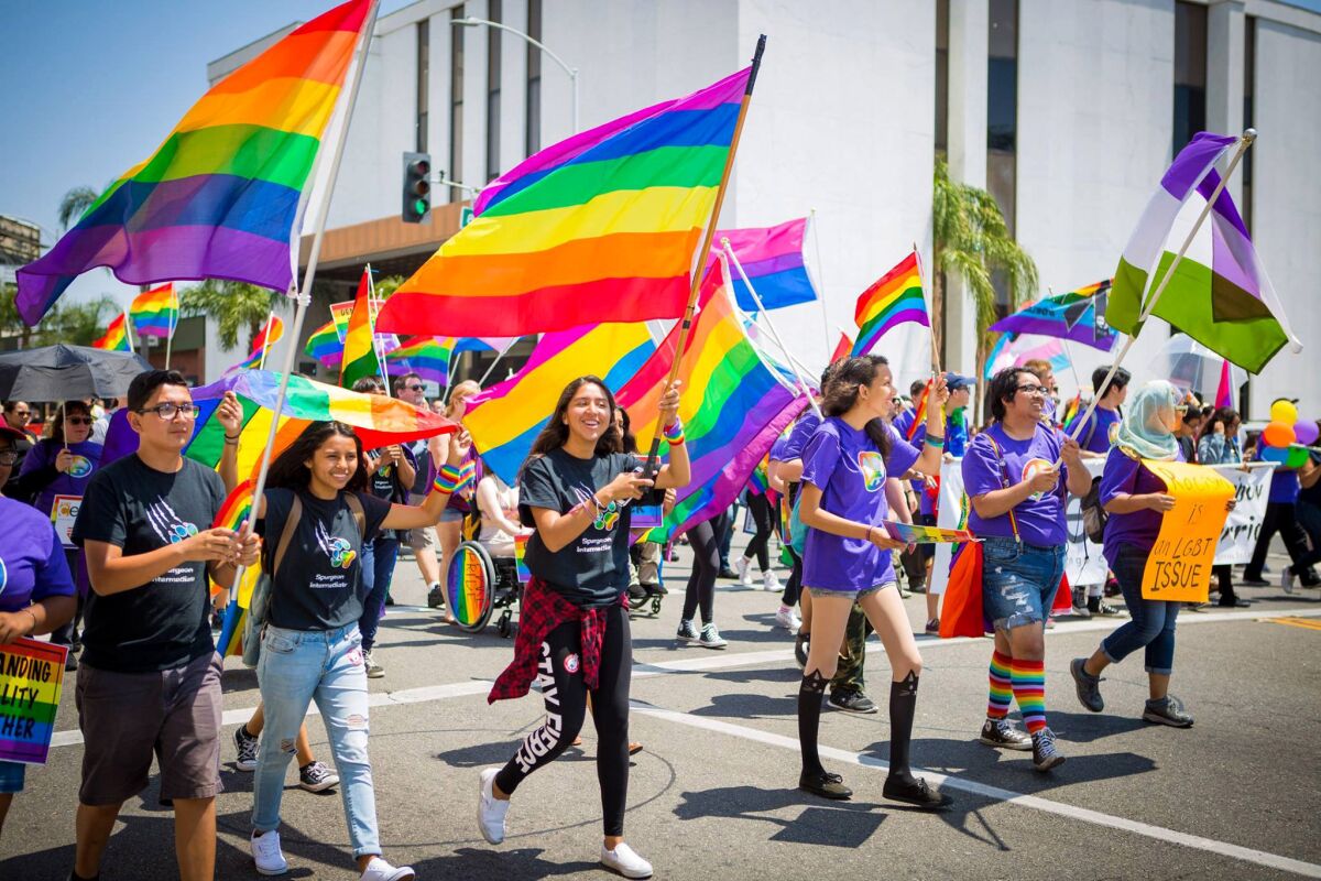 A parade with people carrying rainbow flags.