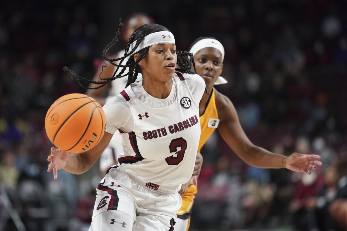 South Carolina guard Destanni Henderson dribbles the ball during the first half of an NCAA college basketball game against North Carolina A&T Monday, Nov. 29, 2021, in Columbia, S.C. (AP Photo/Sean Rayford)
