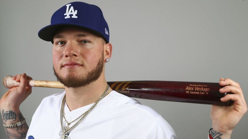 Dodgers' Alex Verdugo poses for a photograph on Dodgers photo day on Feb. 20, 2019, at the team spring training baseball facility, in Phoenix.
