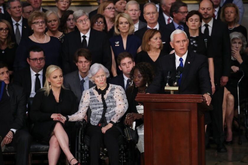 US Vice President Mike Pence delivers remarks at Sen. John McCain's funeral Friday. The late senator died August 25 at the age of 81 after a long battle with brain cancer.