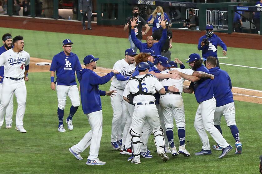 Arlington, Texas, Sunday, October 18, 2020. The Dodgers and the Braves in game seven of the NLCS at Globe Life Field. (Robert Gauthier/ Los Angeles Times)