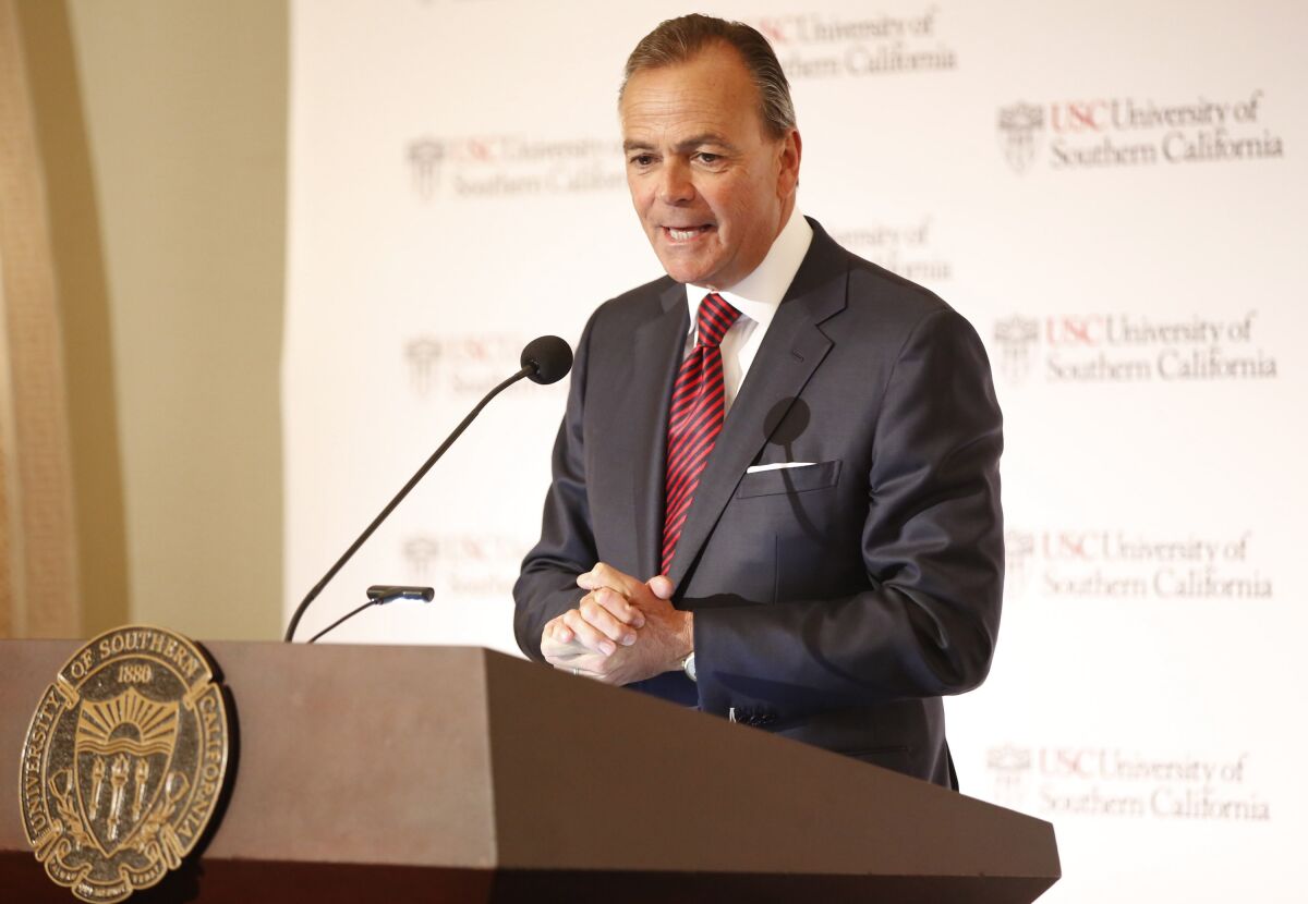 Rick Caruso speaks during the announcement of Carol Folt as USC's president on March 20, 2019. 