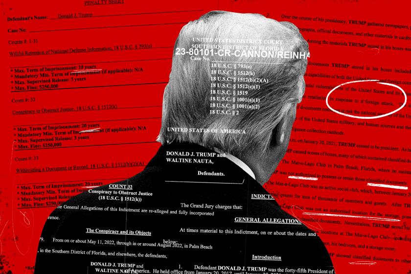 Photo illustration of Donald Trump rear view with screenshots of the Florida indictment papers